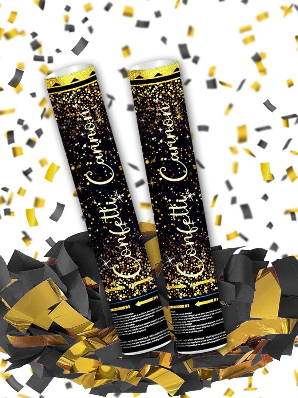 12" Black and Gold Confetti Cannon Party Poppers - 2 Pack